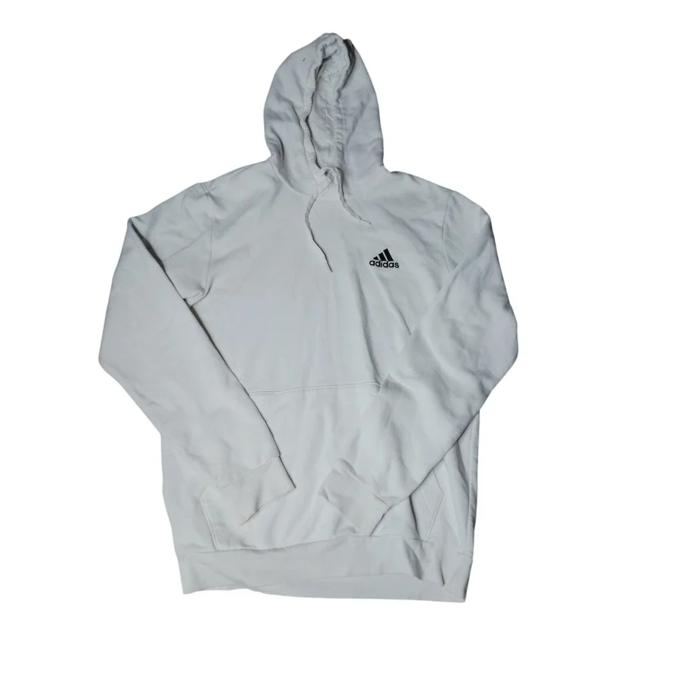 Adidas Mens Essentials Fleece Hoodie White Pullover Logo Sweatshirt Size M